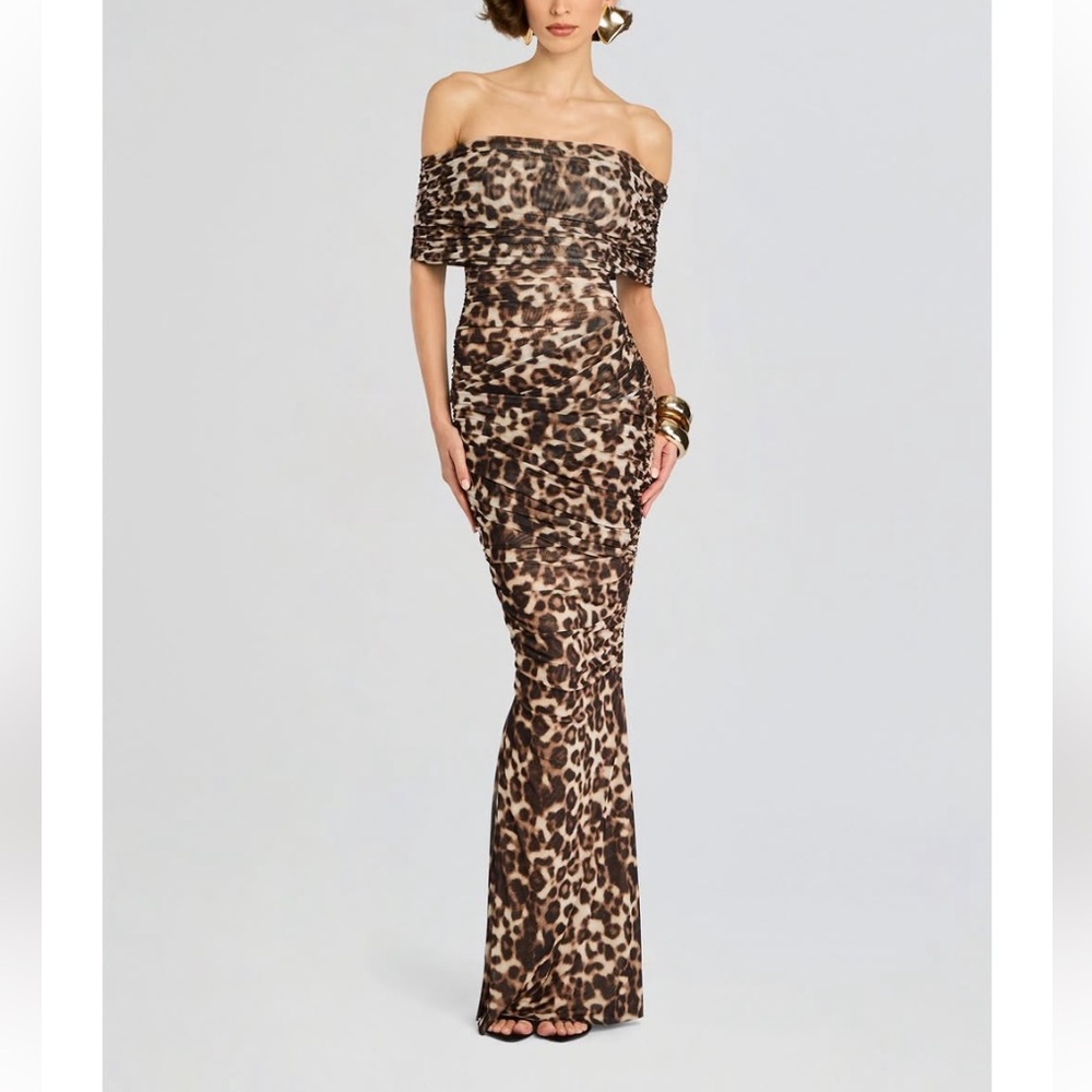 Retrofete Leopard Print Off-Shoulder Maxi Dress